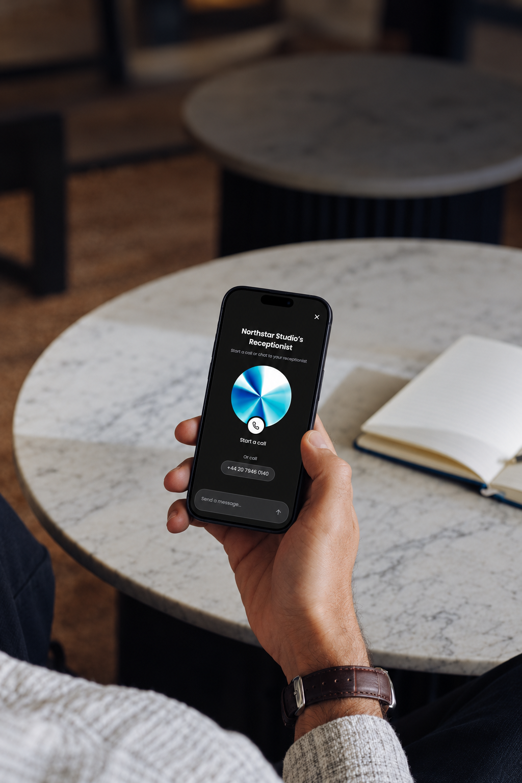 A phone showing Northstar Studio’s receptionist, with options to start a call or send a message