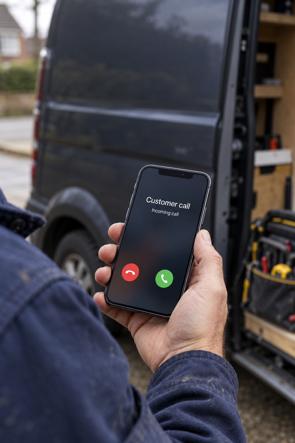 A tradesperson receiving a customer call beside their work van